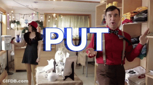 A Man In A Red Shirt And Suspenders Stands In Front Of A Sign That Says " Put " GIF
