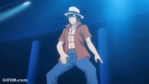 A Man In A Red Shirt And White Hat Is Standing In A Dark Room GIF
