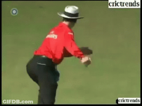 A Man In A Red Shirt And White Hat Is Standing On A Field With The Words Crictrends Below Him GIF