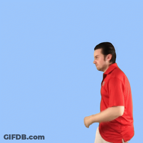 A Man In A Red Shirt And White Pants Is Dancing On A Blue Background GIF