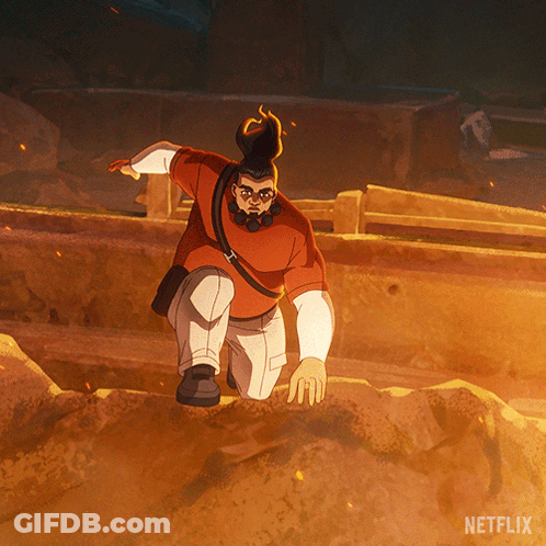 A Man In A Red Shirt And White Pants Is Kneeling On A Rock With A Netflix Logo Behind Him GIF