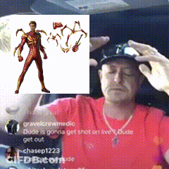 A Man In A Red Shirt Has A Picture Of A Man In A Red Suit Behind Him That Says Dude Is Gonna Get Shot GIF