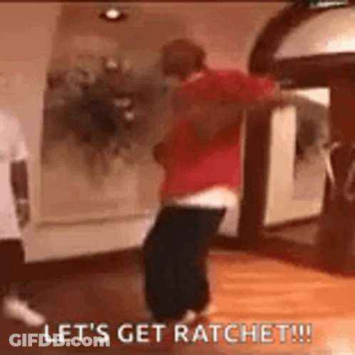 A Man In A Red Shirt Is Dancing On A Wooden Floor With The Words `` Let 'S Get Ratchet ! '' GIF