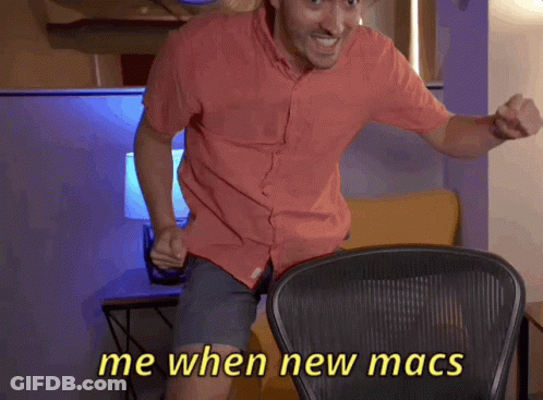 A Man In A Red Shirt Is Dancing With The Words " Me When New Macs " Above Him GIF
