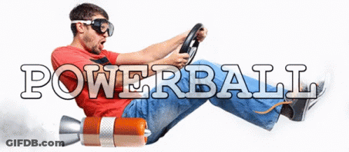 A Man In A Red Shirt Is Driving A Car With The Word Powerball Written On The Bottom GIF