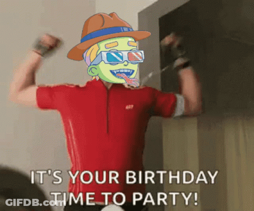 A Man In A Red Shirt Is Flexing His Muscles And Says " It 'S Your Birthday Time To Party " GIF