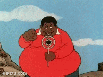 A Man In A Red Shirt Is Holding A Circular Object In His Hands GIF