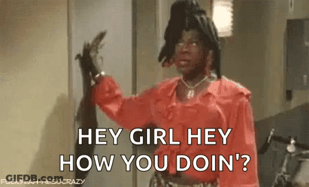A Man In A Red Shirt Is Holding A Dog And Says `` Hey Girl Hey How You Doin '? '' GIF