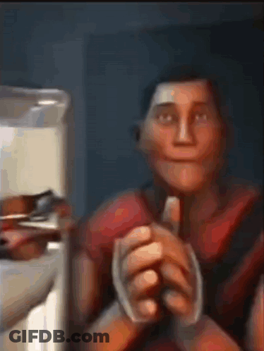 A Man In A Red Shirt Is Holding A Glass Of Milk . GIF