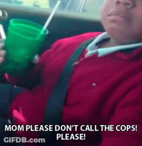 A Man In A Red Shirt Is Holding A Green Cup With A Straw And Says Mom Please Don 'T Call The Cops GIF