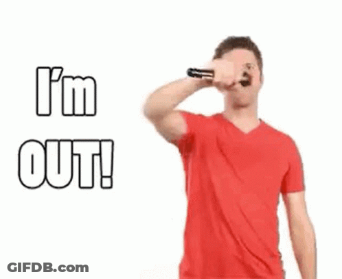A Man In A Red Shirt Is Holding A Gun In Front Of His Face And Says `` I 'M Out '' . GIF