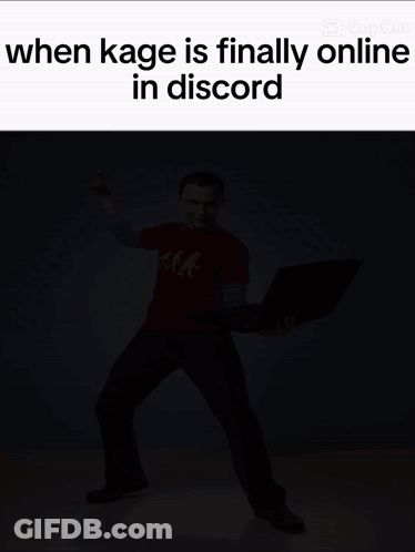 A Man In A Red Shirt Is Holding A Laptop And The Caption Says When Kage Is Finally Online In Discord GIF