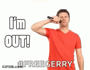 A Man In A Red Shirt Is Holding A Microphone In His Mouth And Says `` I 'M Out ! '' GIF