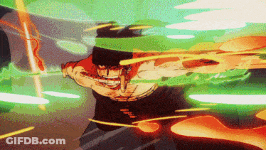 A Man In A Red Shirt Is Holding A Sword In His Right Hand . GIF