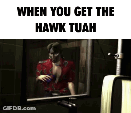 A Man In A Red Shirt Is Looking At Himself In A Mirror With The Caption When You Get The Hawk Tuah GIF