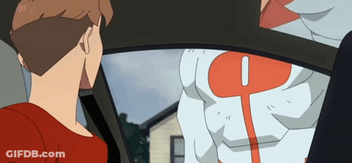 A Man In A Red Shirt Is Looking Out Of A Car Window At A Man In A White Suit With The Letter O On His Chest GIF