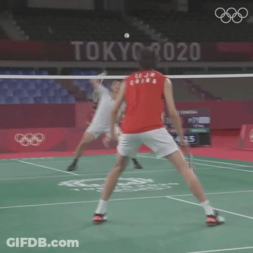 A Man In A Red Shirt Is Playing Badminton In Tokyo 2020 GIF