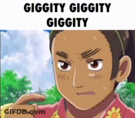 A Man In A Red Shirt Is Pointing At The Camera With The Words Giggity Giggity Giggity Written Above Him . GIF