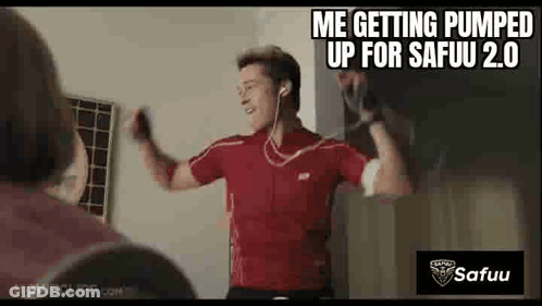 A Man In A Red Shirt Is Pumping Up His Muscles With The Caption " Me Getting Pumped Up For Safuu 2.0 " GIF