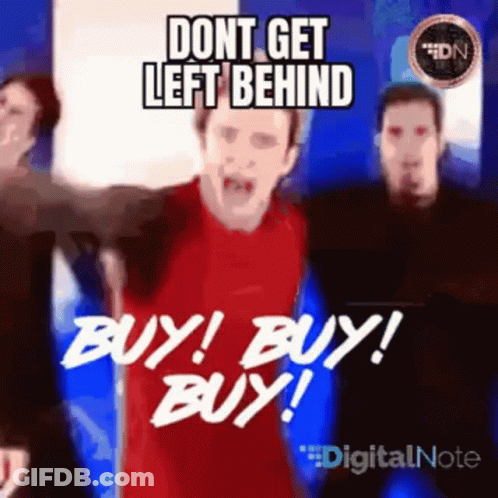 A Man In A Red Shirt Is Screaming And Says " Dont Get Left Behind Buy Buy Buy " GIF