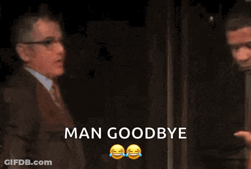 A Man In A Red Shirt Is Shaking Hands With Another Man And The Words Man Goodbye Are Above Them GIF