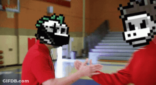 A Man In A Red Shirt Is Shaking Hands With Another Man With A Pixelated Face On His Head GIF