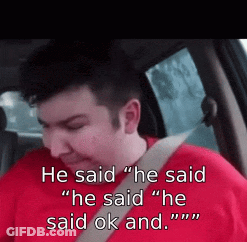 A Man In A Red Shirt Is Sitting In A Car And Says He Said He Said " He Said He Said Ok And " GIF
