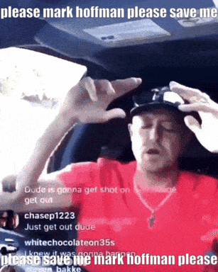 A Man In A Red Shirt Is Sitting In The Driver 'S Seat Of A Car Asking For Help GIF