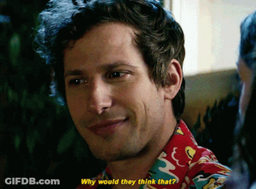 A Man In A Red Shirt Is Smiling And Asking Why Would They Think That GIF