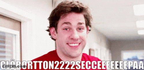 A Man In A Red Shirt Is Smiling In A Hallway With The Words Globortton222secceeeeeepaa GIF