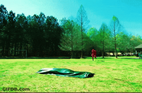 A Man In A Red Shirt Is Standing In A Field With Trees In The Background GIF