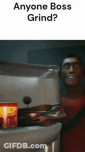 A Man In A Red Shirt Is Standing In Front Of A Can Of K-Cup Coffee GIF