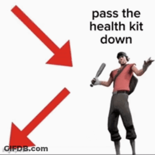 A Man In A Red Shirt Is Standing In Front Of A Red Arrow That Says Pass The Health Kit Down GIF