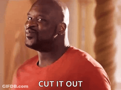 A Man In A Red Shirt Is Standing In Front Of A Window And Saying `` Cut It Out '' . GIF