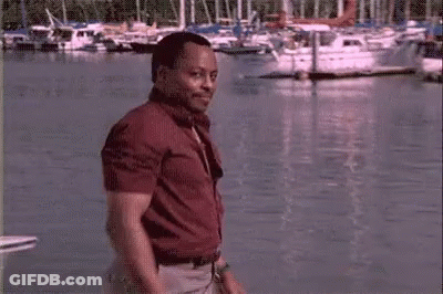 A Man In A Red Shirt Is Standing Next To A Body Of Water With Boats In The Background . GIF