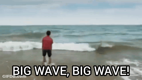 A Man In A Red Shirt Is Standing On A Beach Looking At The Ocean . GIF
