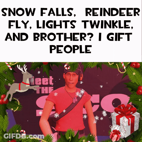 A Man In A Red Shirt Is Surrounded By Christmas Decorations With The Words Snow Falls Reindeer Fly Lights Twinkle And Br GIF