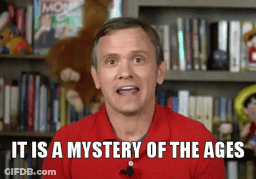 A Man In A Red Shirt Is Talking About A Mystery Of The Ages GIF