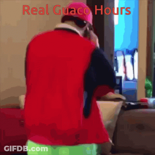 A Man In A Red Shirt Is Talking On A Cell Phone And The Words Real Guaco Hours Are Above Him GIF