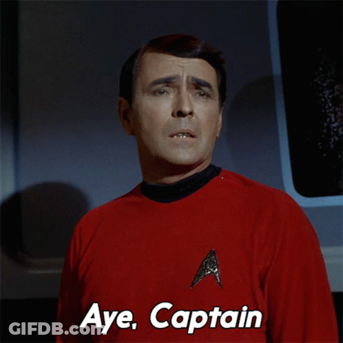 A Man In A Red Shirt Says Aye Captain In White Letters GIF
