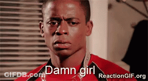 A Man In A Red Shirt Says " Damn Girl " In Front Of A Window GIF
