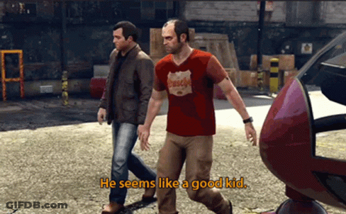 A Man In A Red Shirt Says He Seems Like A Good Kid While Walking With Another Man GIF