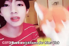 A Man In A Red Shirt Says " I Have A Nickname For Him : Vick " GIF