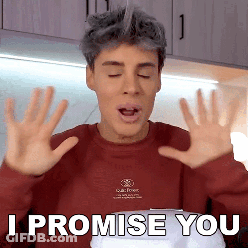 A Man In A Red Shirt Says I Promise You With His Hands In The Air GIF
