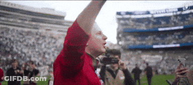 A Man In A Red Shirt Stands In A Stadium With His Arms In The Air GIF
