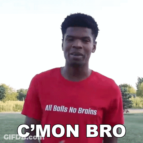 A Man In A Red Shirt That Says All Balls No Brains GIF