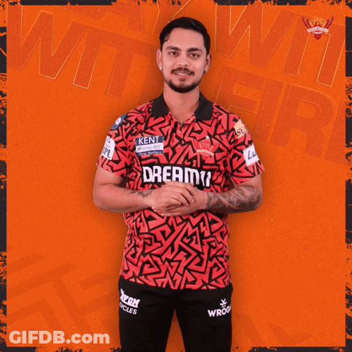 A Man In A Red Shirt That Says Dream11 GIF