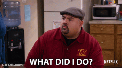 A Man In A Red Shirt With The Letter W On It Is Asking What Did I Do GIF