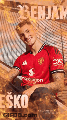 A Man In A Red Shirt With The Name Benjam On It GIF