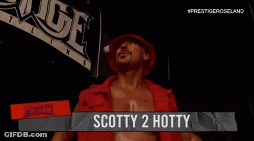 A Man In A Red Shirt With The Name Scotty 2 Hotty On A Sign GIF